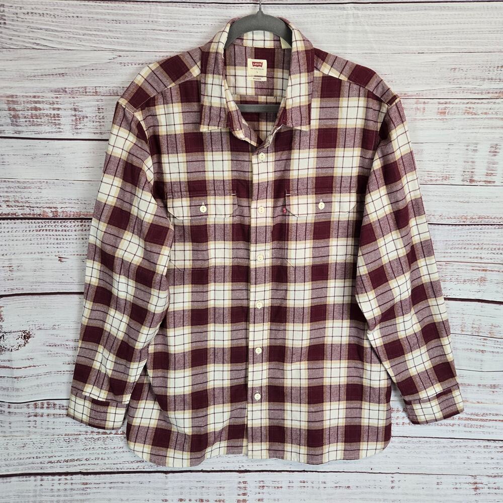 Levis Men Flannel L Burgundy Tan Check Soft Cotton Blend Casual Gorpcore Outdoor